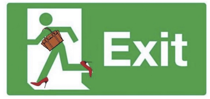 "Exit" sign with person leaving. Brown handbag and red high-heels added onto the person.